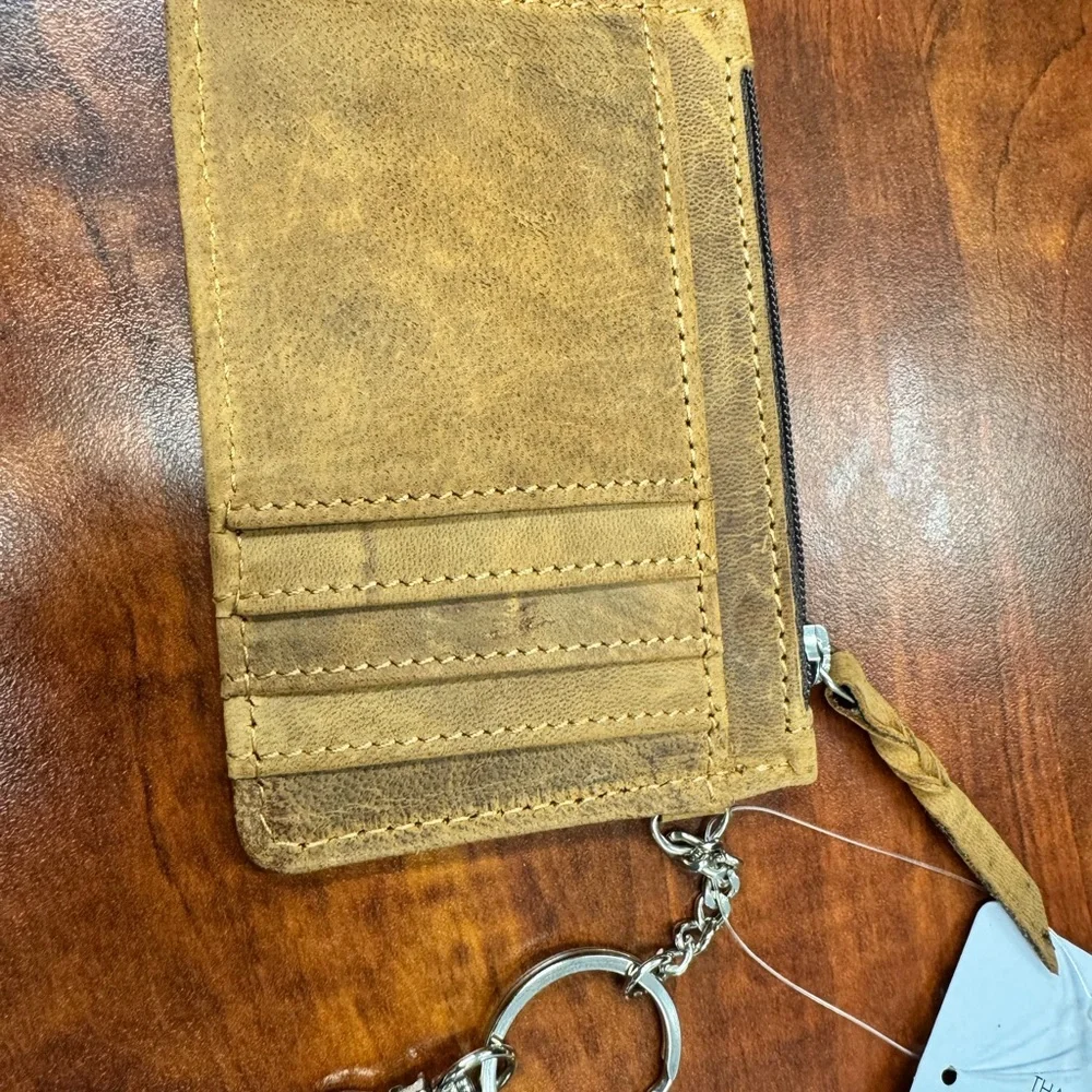 Tooled Western Leather Card Holder with Turquoise Accents Steer Bull calf hair - Picture 2 of 4